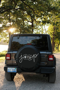 Floral Jeep Tire Cover with Black and White Flowers